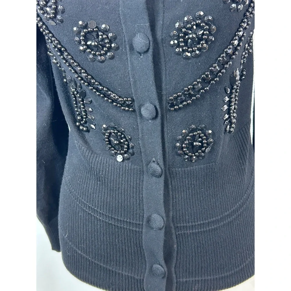 Tracy M Womens Black Beaded Sequin Cardigan Sweater Scoop Neck Ribbed Size M